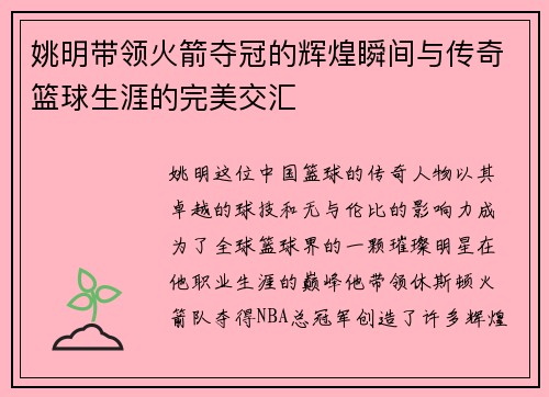 姚明带领火箭夺冠的辉煌瞬间与传奇篮球生涯的完美交汇